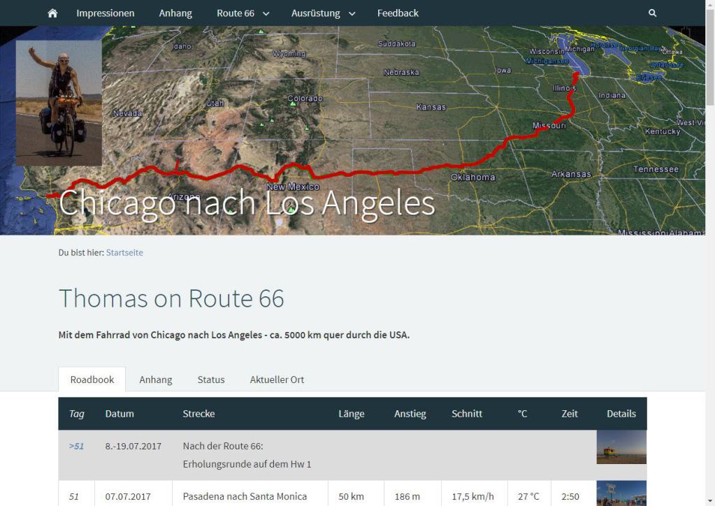 Screenshot einer Reiseplanungs-App, die die historische Strecke von Chicago nach Los Angeles auf einer Karte visualisiert und detaillierte Reisedaten 